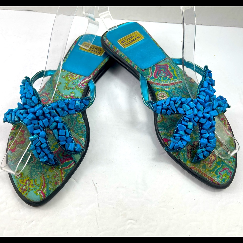 Beverly Feldman 8 Medium Sandals Blue Rhinestone Slip on Toe Thong Slides Shoes